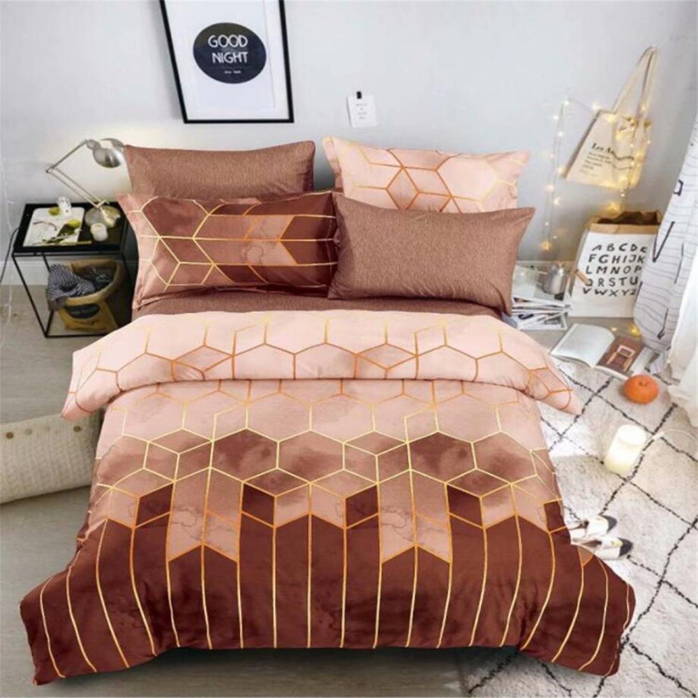 Gold Line Geometric Rhombus Color Grid Three-Piece Quilt Cover, Pillowcase, Reverse Solid Color Kit Bedding