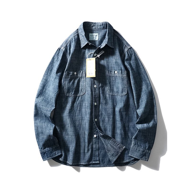 American Retro Pure Cotton Washed Slub Cotton Denim Shirt Men s Long Sleeves Spring and Autumn Coat Export Men s Casual Shirt Dark Blue M
