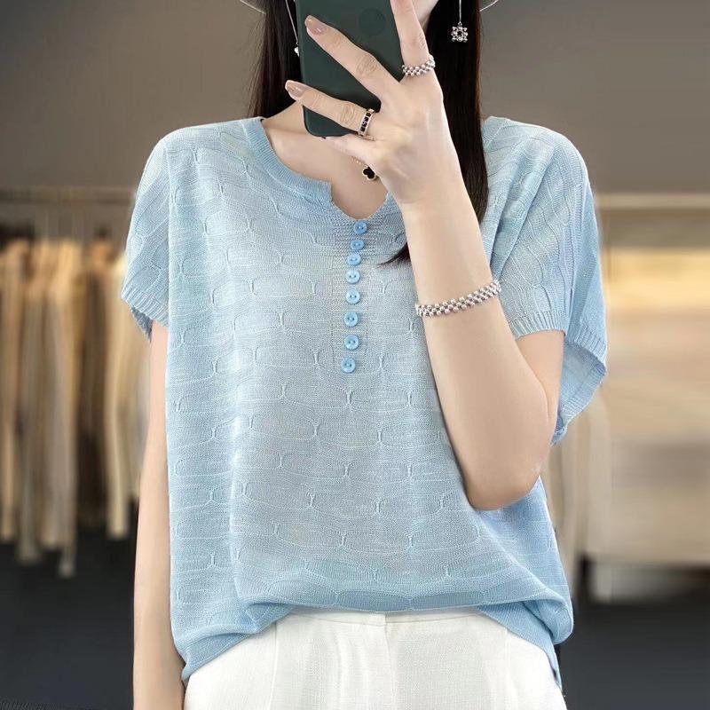 Summer Women's T-shirt Loose Casual Short Sleeve Solid Color Loose Ice Silk Knit Top