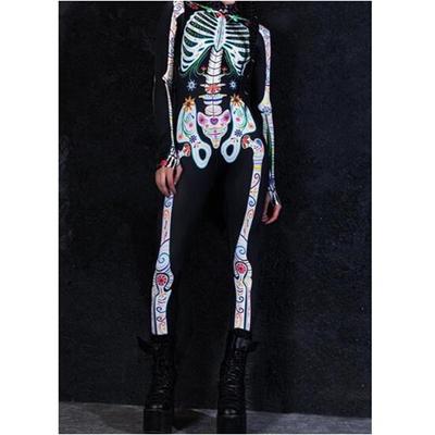 Halloween Purple Skull Print Cosplay Couple Jumpsuit Unisex Sexy Horror Zombie Zentai Suits Holiday Party Bodysuit Rave Catsuits