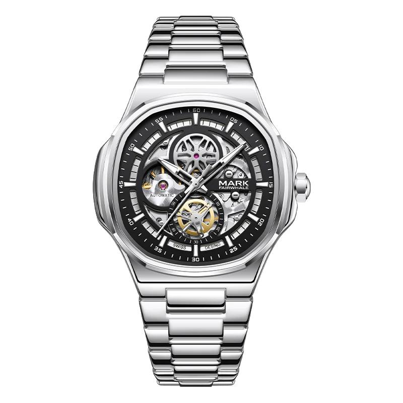 Mark Fairwhale Automatic Mechanical Watch 39MM Metal Case Band Skeleton Movement Exhibition Caseback Waterproof Luminous Dress
