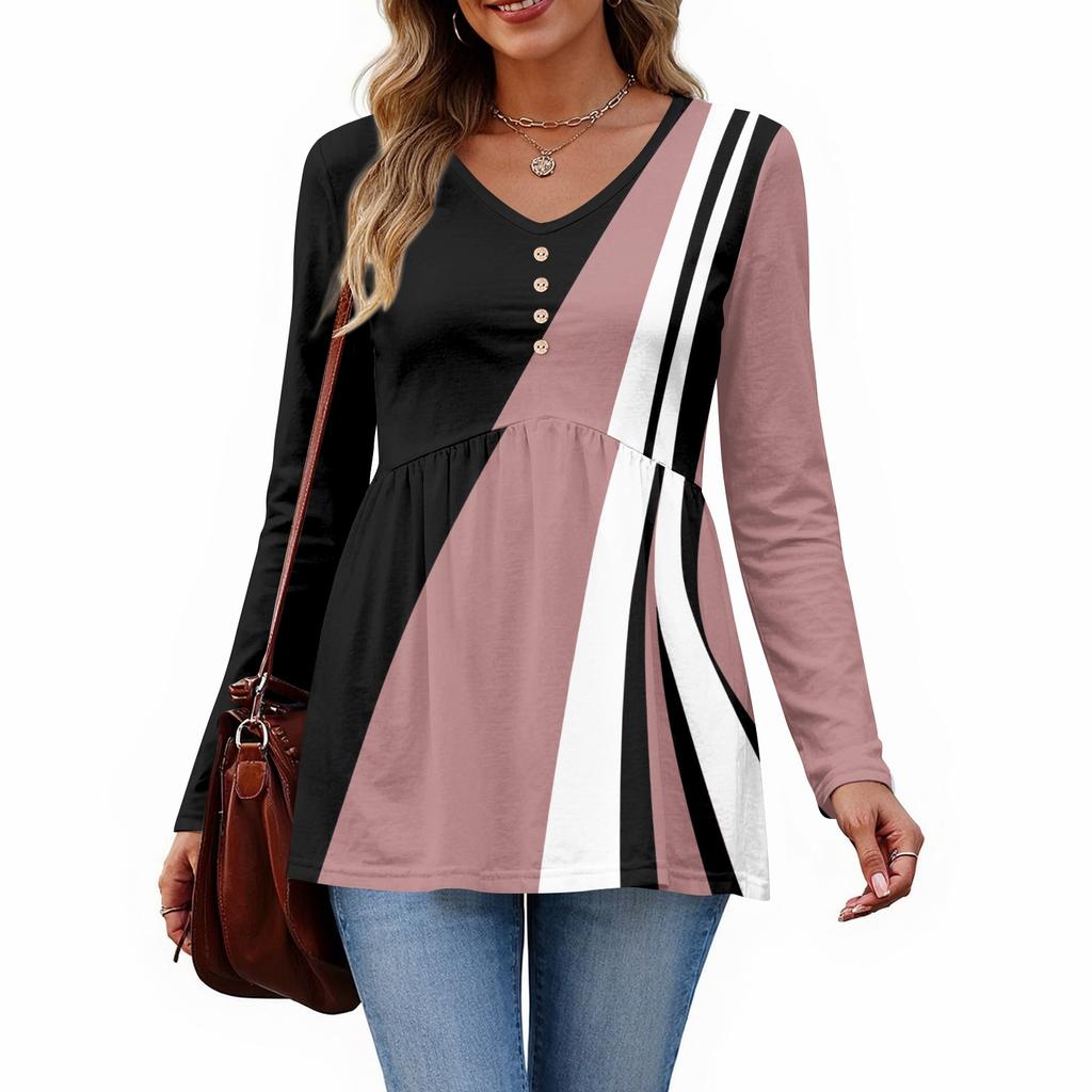 Top casual de damă la modă cu gât în V, nasturi, imprimeu floral retro, mâneci lungi