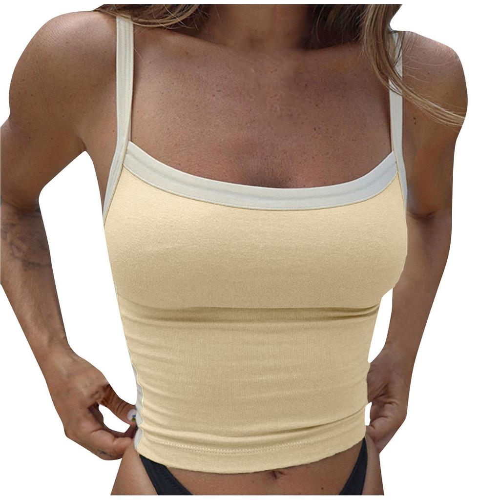Women's Girl Open Back Short Tank Top Color Contrast Slim Top Casual Undercoat Top