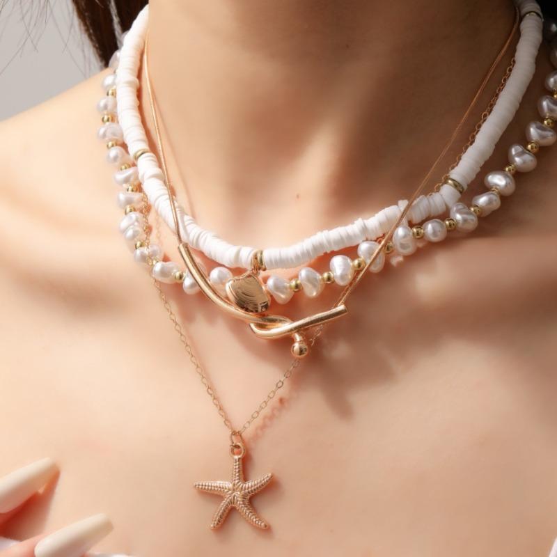 Summer beach soft pottery imitation pearl beaded necklace niche irregular multi-layer stacked starfish neck chain