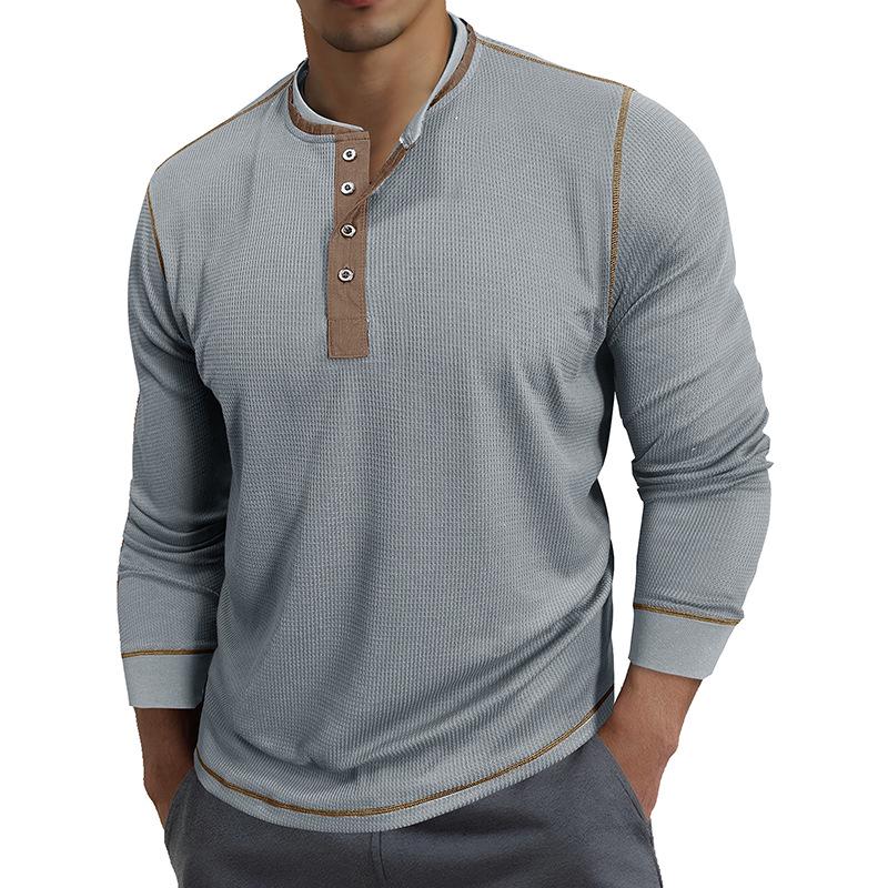 Men s Retro British Style Color Block Henley Long Sleeve Polo Shirt XXL светло-серый