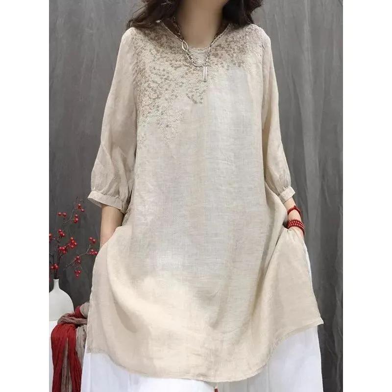 Spring/Summer Retro Embroidered Shirt Loose Literary Leisure Mid-length Women's Top