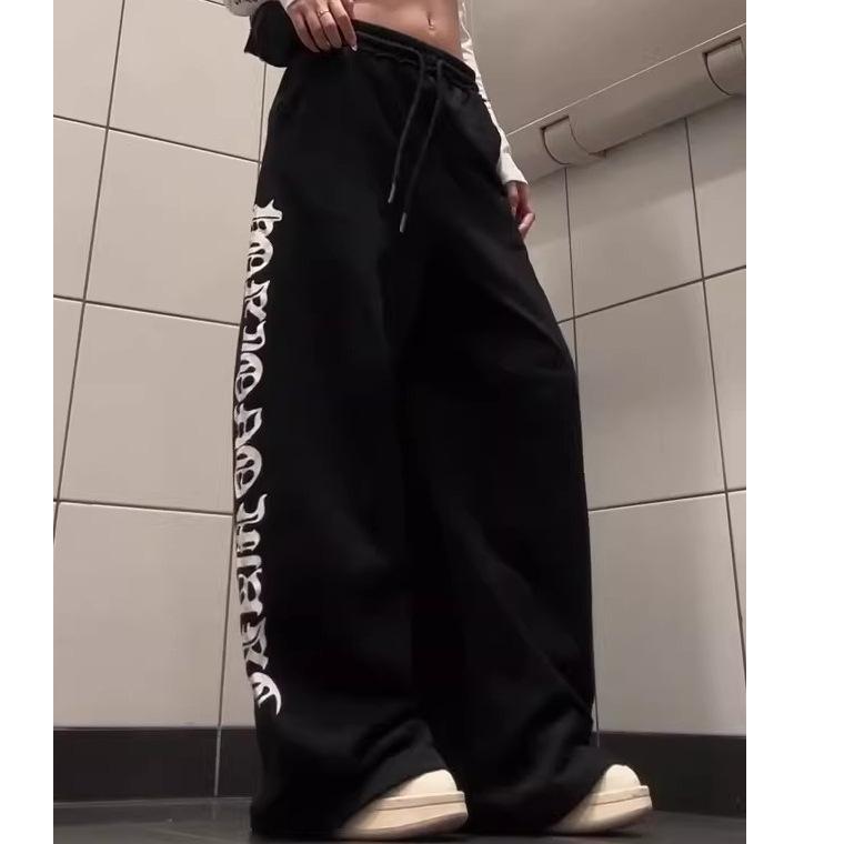 

Ретро Уличные Танцы Принт Буквами Брюки-Свитшоты с Широкими Штанинами и Завязкой на Талии для Мужчин и Женщин M чёрный