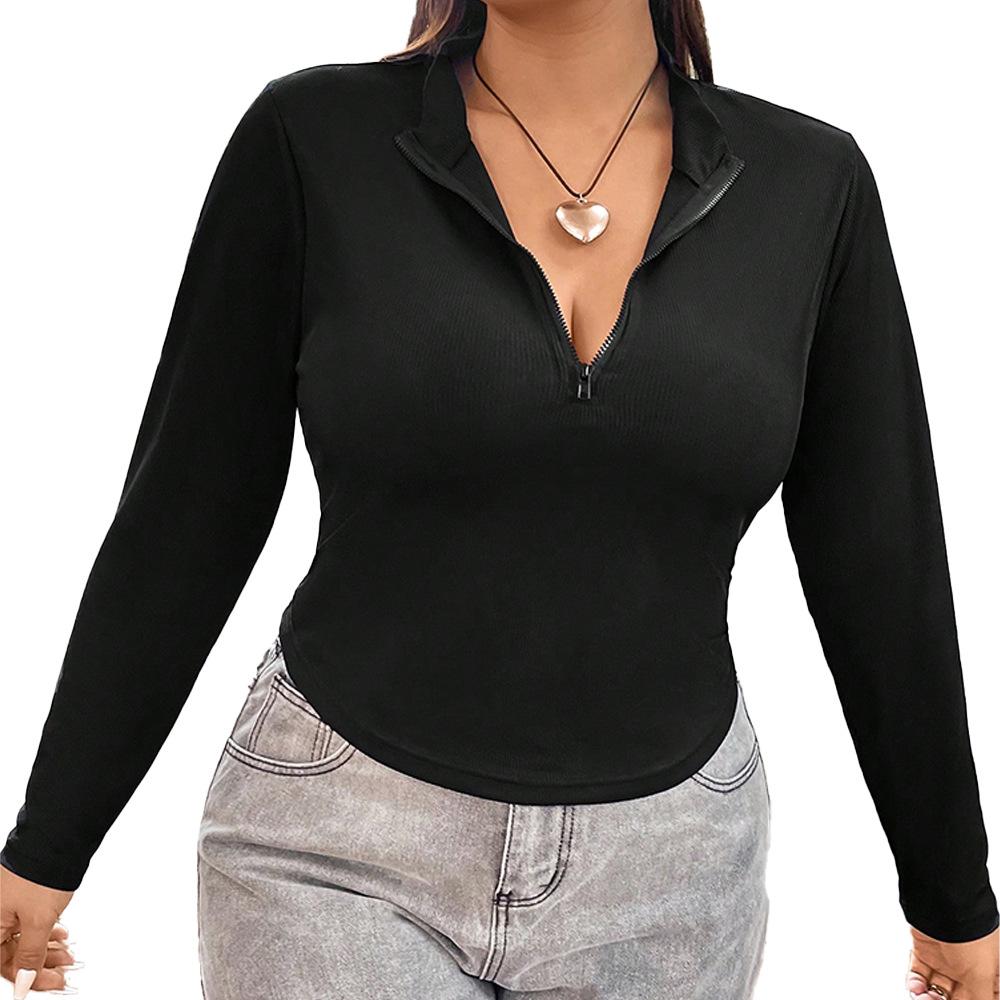 Large size women's solid color bottoming shirt zipper long-sleeved T-shirt women's autumn and winter new sexy spice slim top