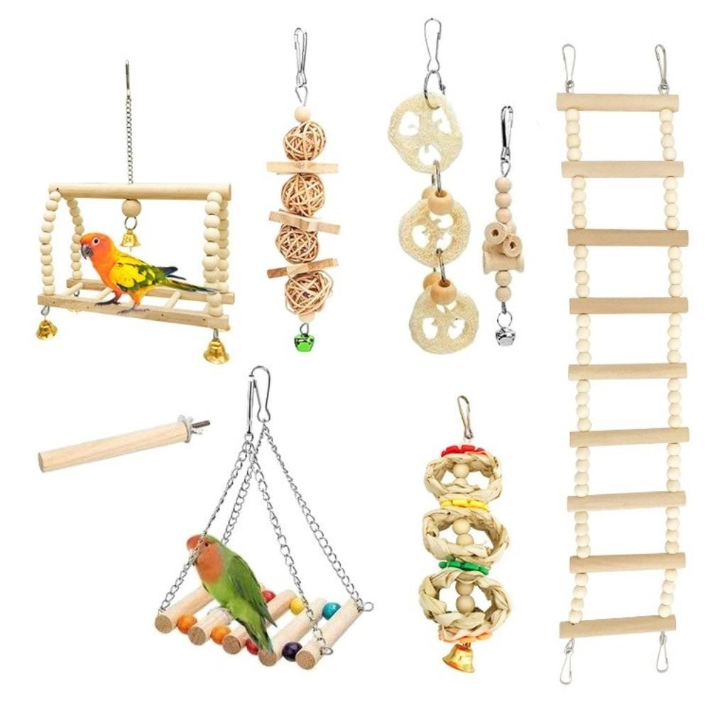 

8Pcs Set Wood Parrot Set Bell Perch Swing Combination Bird Toys Hanging Hammock Stand Pole Parrot Training Toys for Parakeet