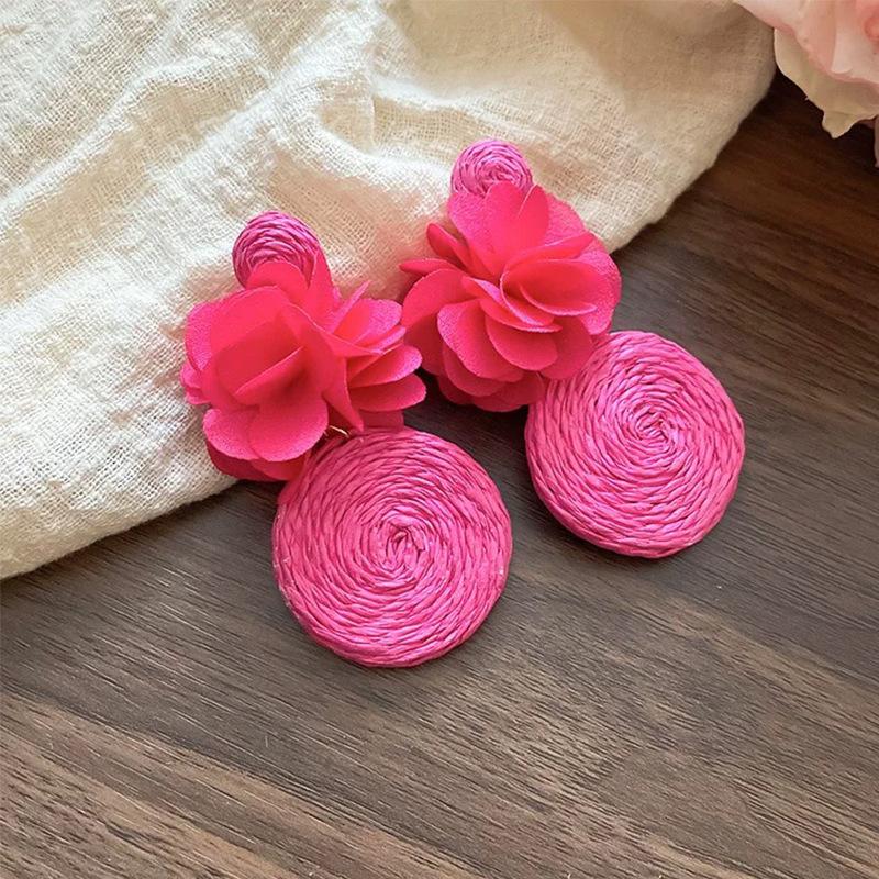 Women's Trendy Unique Fabric Flower Pendant Round Exaggerated Earrings 2025 Seaside Vacation Style Photo Shoot Face-slimming