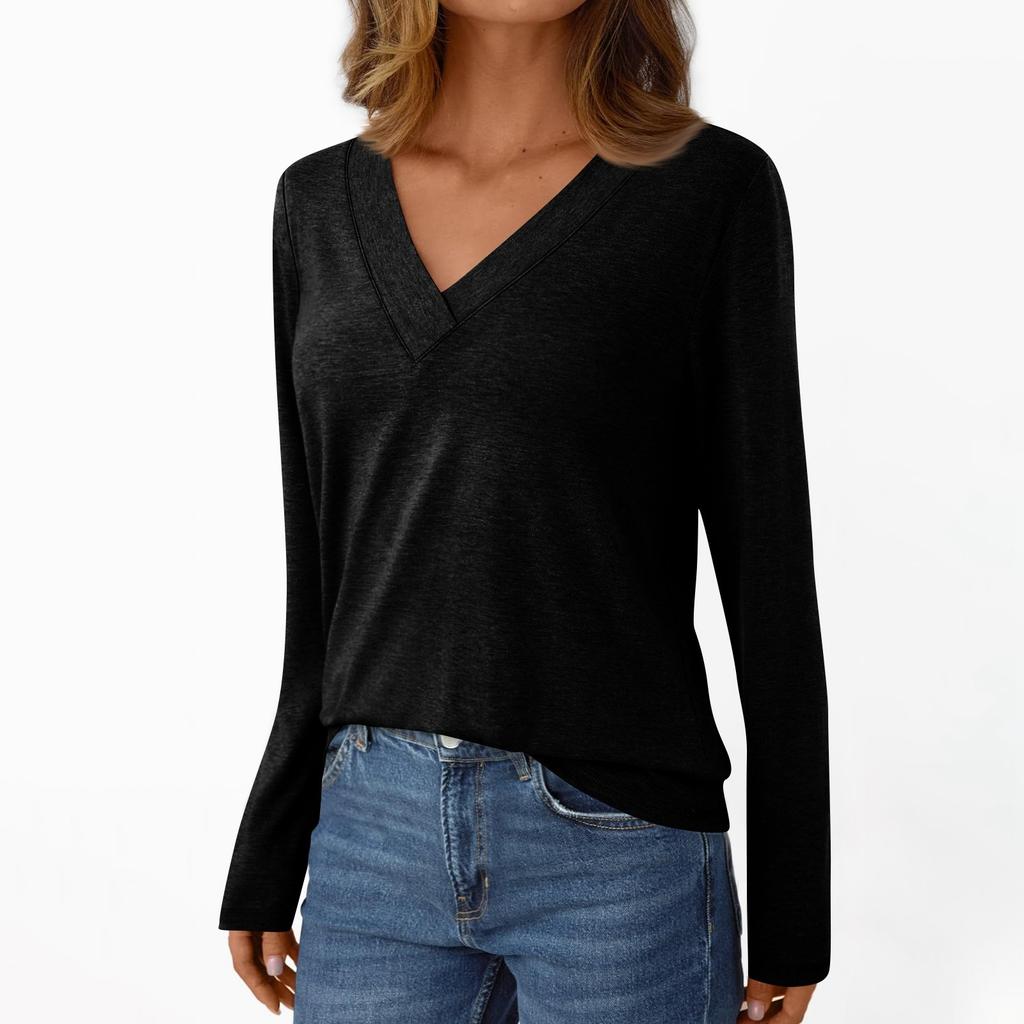Women's Casual Fashion Brushed Solid Color Long-sleeved V-neck Top T-shirt