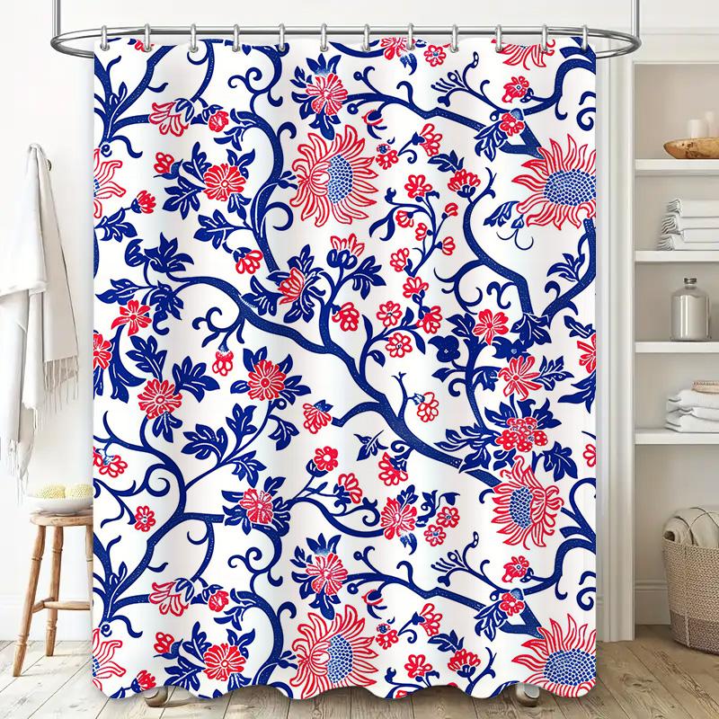 Vintage Blue Red Floral Shower Curtain Fabric for Bathroom Decor Waterproof Bath Mat Set Home Accessories (128 characters)