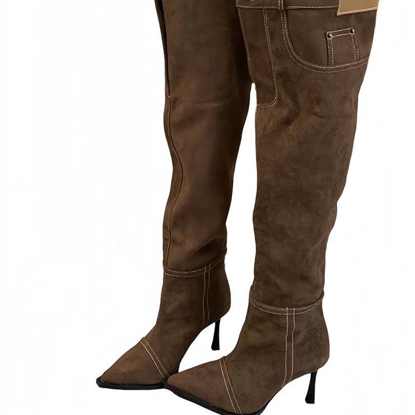 Höga klackar Spice Girls Stil Spetsiga Cowboy Stövlar Damskor 2025 Höst och Vinter Nya Pile Stövlar Tunn Klack Retro Franska Enkla Stövlar