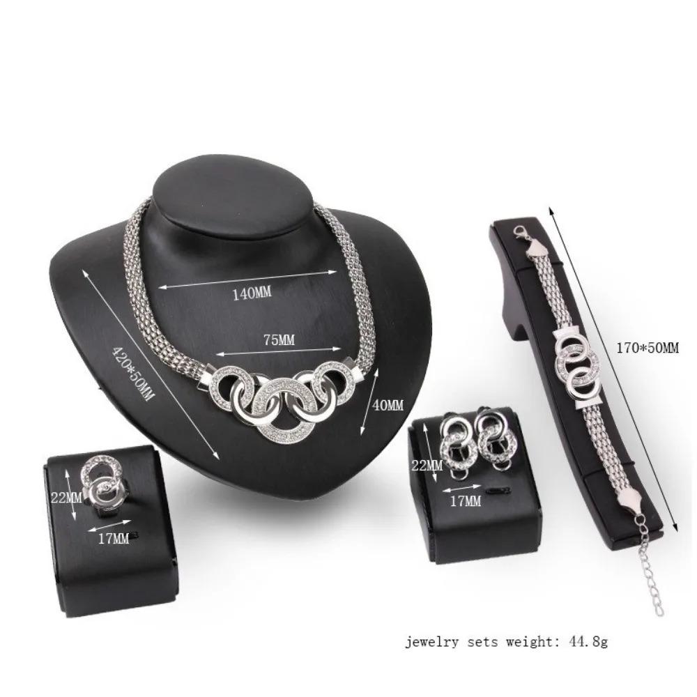 Set da 4 Pezzi Lusso Colore Oro Cerchio Geometrico Zircone Collana Orecchini Anello Bracciale per Donne Charme Matrimonio Sposa Set di Gioielli