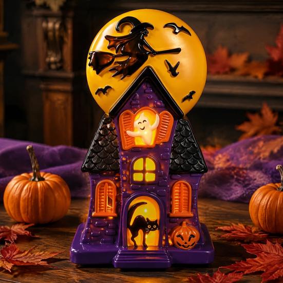 Witch Moon Glow Lanterns Halloween Haunted House Blow Mold Light, Vintage Pre-Lit Mansion Decor with Glowing Style Molded Ghost Black Cat, Indoor
