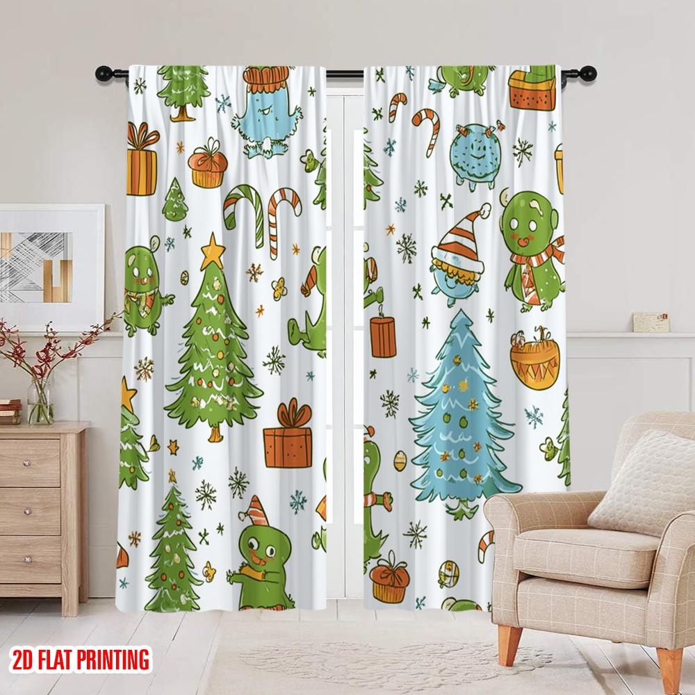 2pcs,2D Plane Printing Curtains Roller Blinds Christmas Trees Festive Birds (2) Versatile Durable Polyester (without Rod)