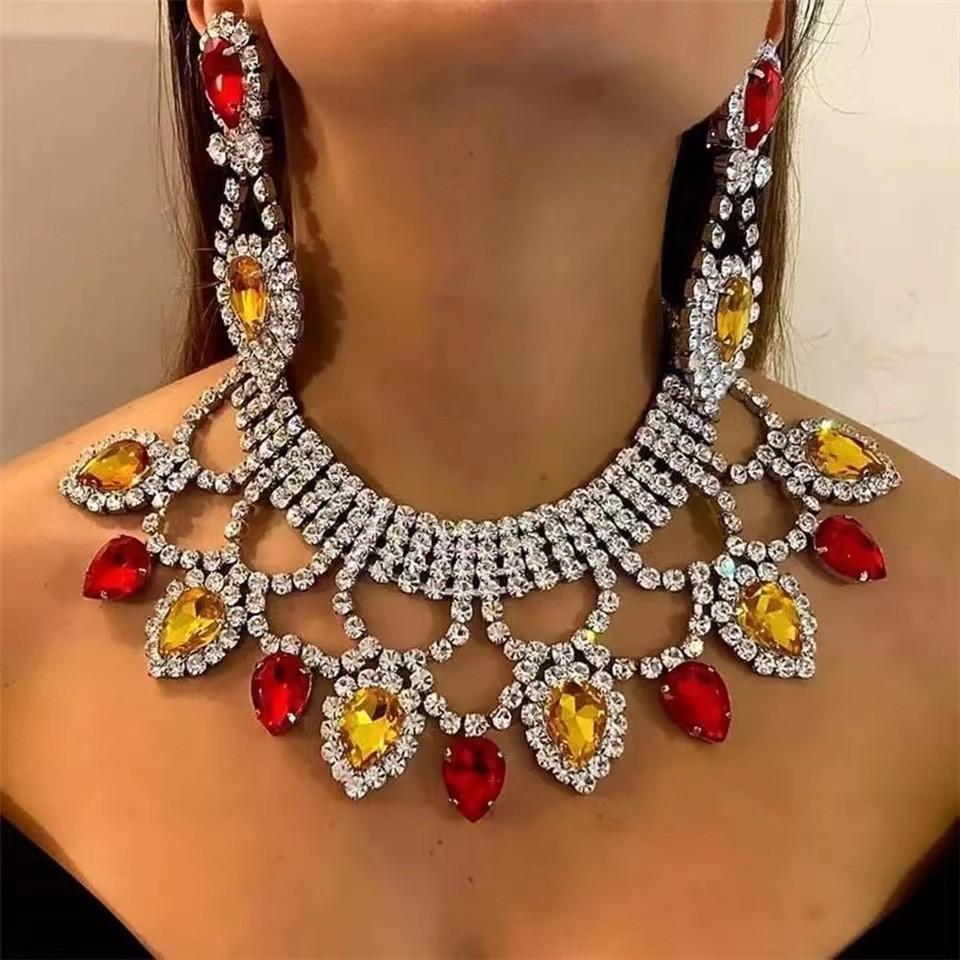 New Fashionable European and American Exaggerated Handmade Rhinestone Colored Crystal Necklace Earring Set Bridal Dress Jewelry