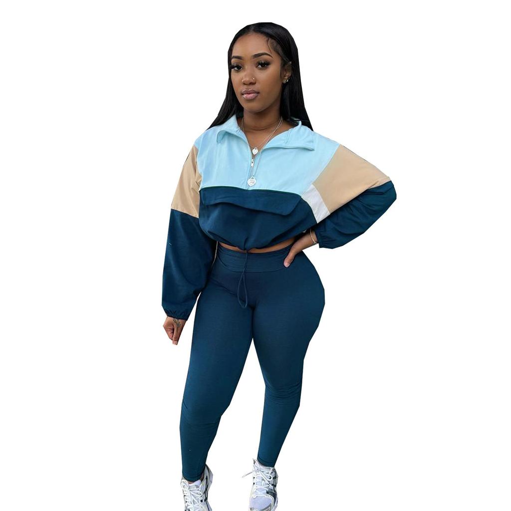 Autumn Color Block Hoodie & Skinny Pants Two-Piece Set