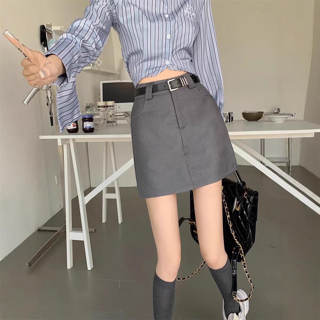 

Серый миди-юбка А-силуэта большого размера с высокой талией и поясом от просвечивания - Универсальный стройнящий дизайн L [suggested 105-118 jin]