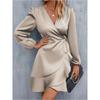 Women's V-neck Dress Satin Waist Cinched Low Cut Casual Mid Length Skirt Sweet Style New Item