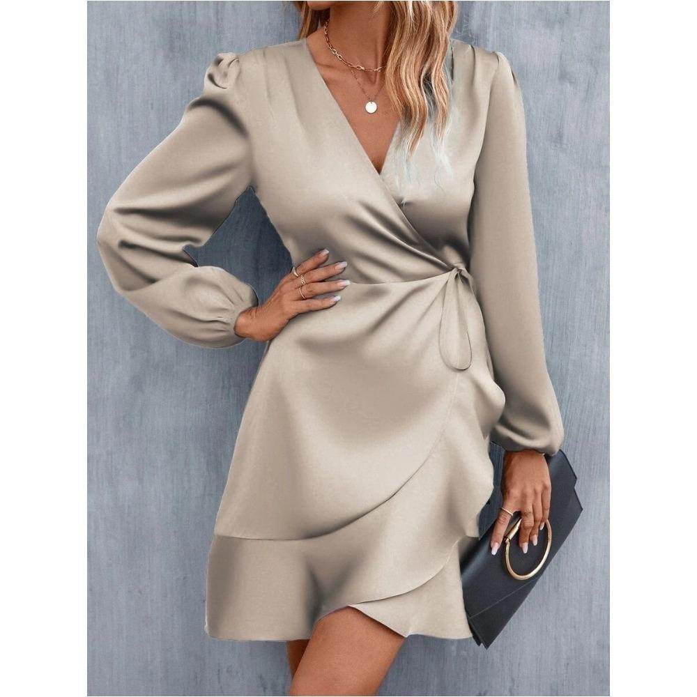 Women's V-neck Dress Satin Waist Cinched Low Cut Casual Mid Length Skirt Sweet Style New Item