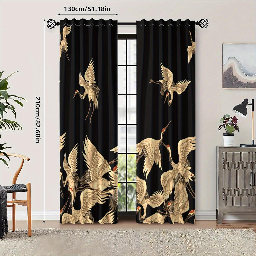 2PCS Blackout Curtains Oriental Golden Chinese Crane Vintage Print Polyester Rod Pocket Top for Living Room Elegant Home Decor