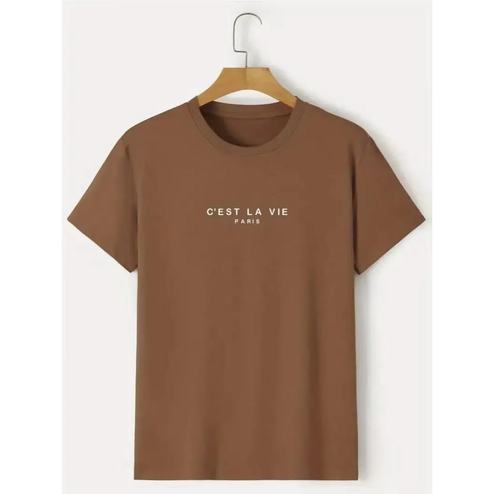 "C'est La Vie", Men's Casual Slightly Stretched Round Neck Pattern Cotton T-shirt, Summer Men's Clothing