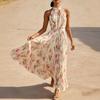 Women's Halter Neck Sleeveless Maxi Dress Loose Fit High Waist Elegant Floral Print Long Dress