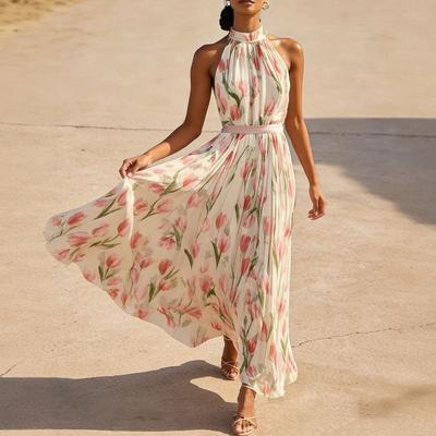 Women's Halter Neck Sleeveless Maxi Dress Loose Fit High Waist Elegant Floral Print Long Dress