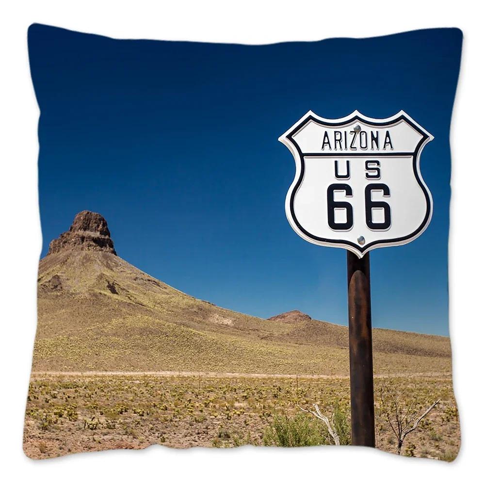 Poszewka na poduszkę w stylu retro Route 66 Dekoracja domu Poliestrowa poszewka na poduszkę na sofę Samochód Poszewka na poduszkę do rzucania Naturalny krajobraz Funda Cojin