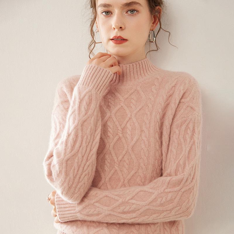Versatile Women's Cashmere Cable Knit Sweater - Loose Slimming, Half-High Neck, Warm Base Layer