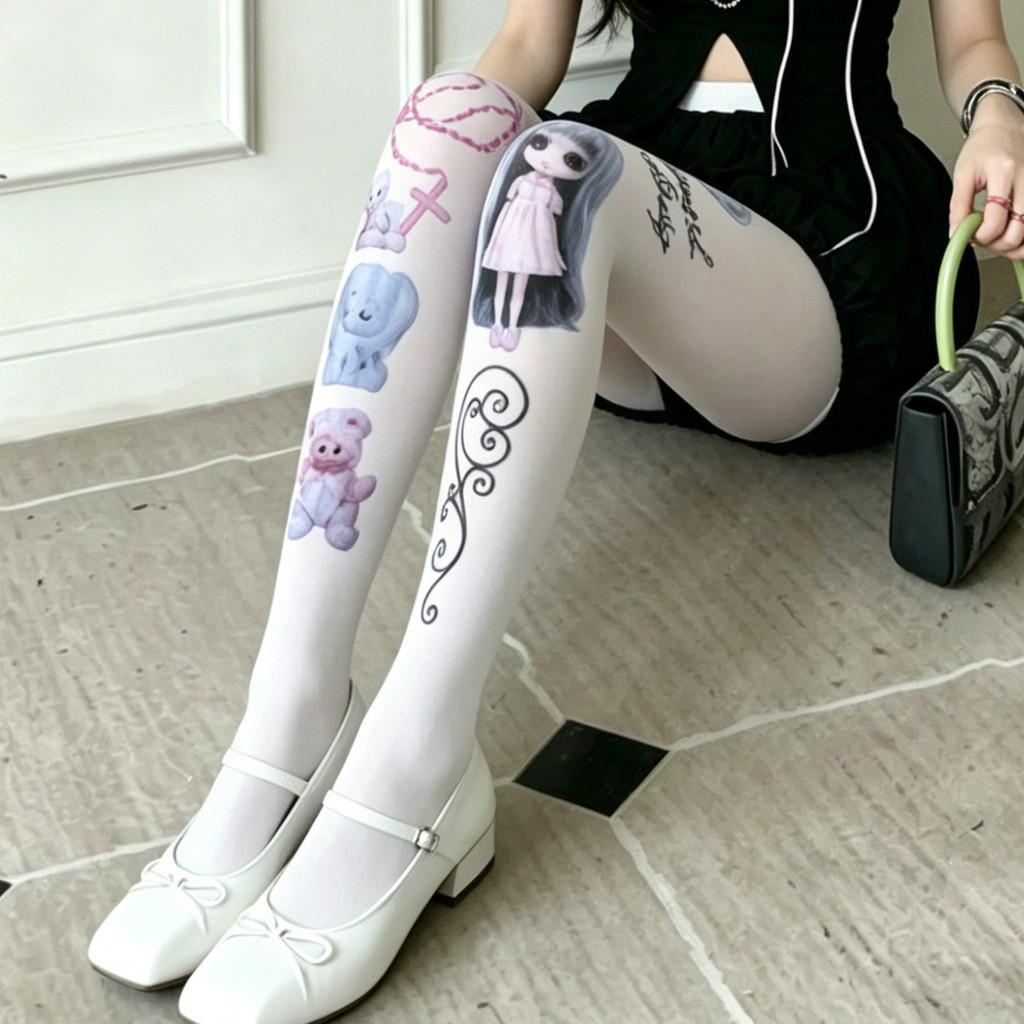 Girl Doll Pattern Velvet Tights Hosiery With Shaping Function For Streetwear Fashion