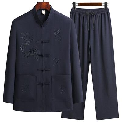 Camicie + Pantaloni Stile Estivo Abbigliamento Sportivo Set Casual da Uomo Moda Maschile Stile Cinese Uomo Maniche Lunghe Taglia