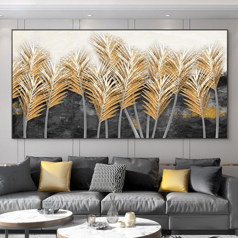 Abstract Leaves Oil Painting Print On Canvas Texture Golden and Silver Trees Wall Art Modern Home Decor Living Room Wall Decor
