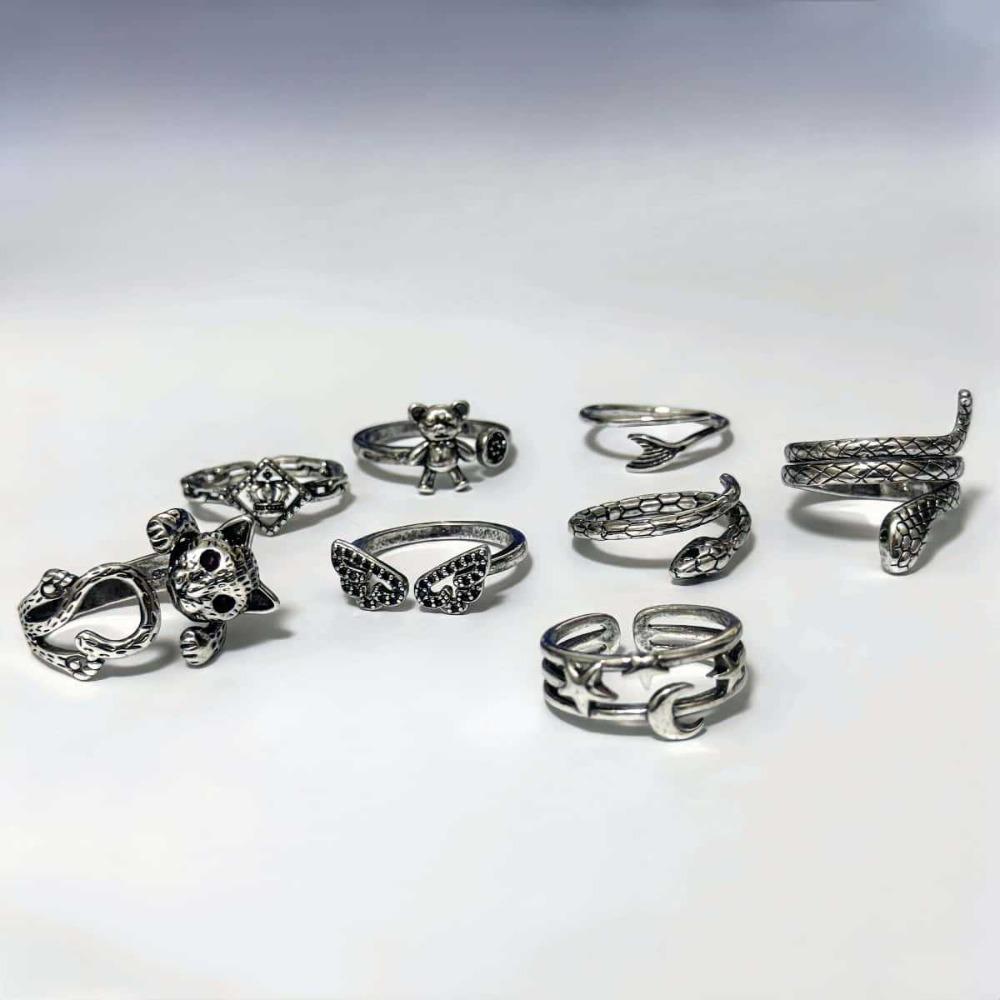 Gothic Exquisite Carving Ancient Silver Stainless Steel Snake Crown Cat Adjustable Opening Rings for Women Men Halloween Jewelry