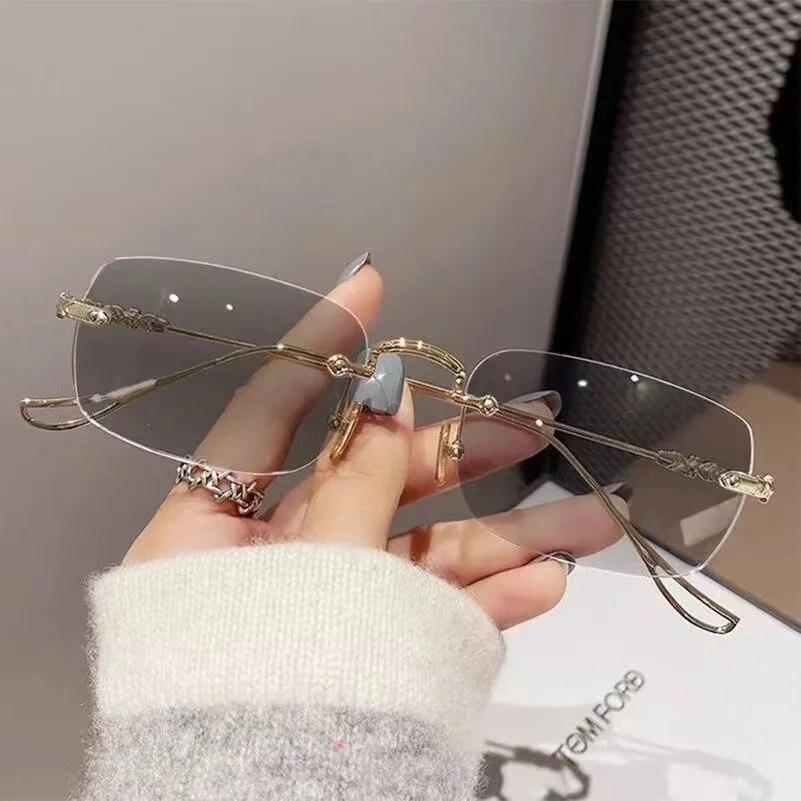 Pochromic Anti-blue Glasses Frameless Temperament Flat Lens Burst Glasses Men Sunglasses