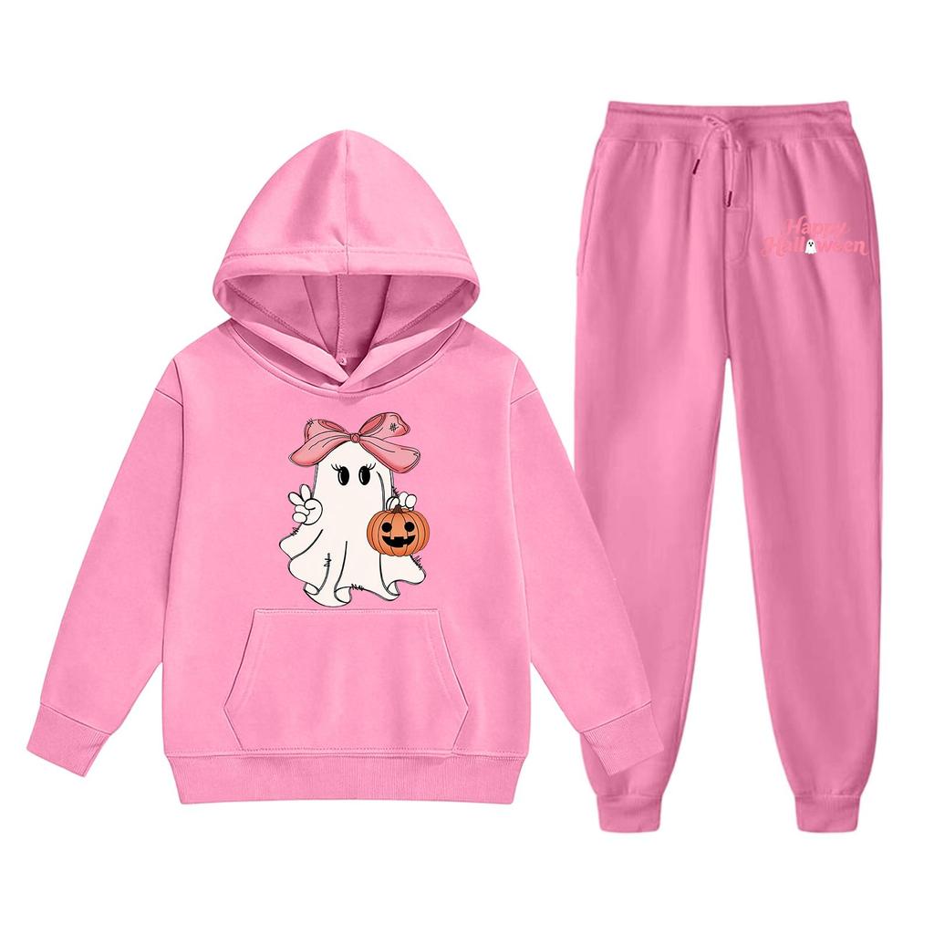 Kids Halloween Hoodie and Pants Set Ghost Print Pullover Hooded Sweatshirt and Elastic Waist Pants Comfortable Fit for Children