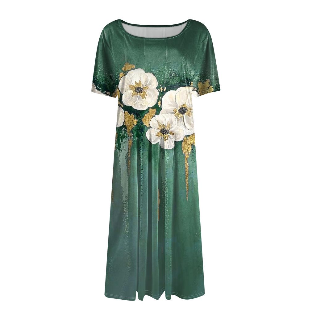Women Casual Printed Round Neck Long Dress