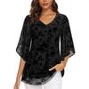Double-layer Flocking Elastic Mesh Women's Summer Three-quarter Flared Sleeve Cinched Waist V-neck Top