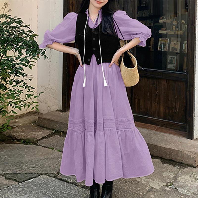 

ZANZEA Women Casual Round Neck Long Sleeve Loose Patchwork Dress 2XL фіолетовий