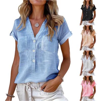 Women's Solid Color Vintage Loose V Neck Thin Cotton Linen Tops Pullover Tops