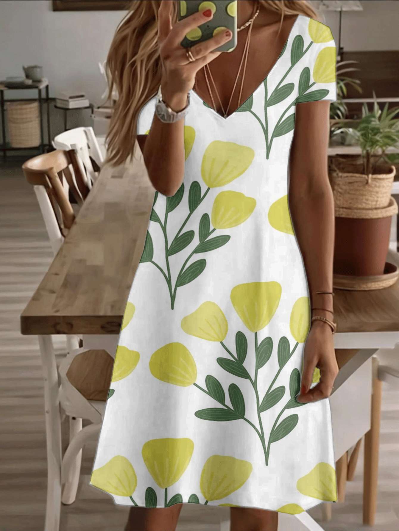 

Vneck shortsleeve midi dress yellow floral print pattern 3D premium printing durable casual fashion summer beach outfit breathable elegant style for w 7XL дубильна кора