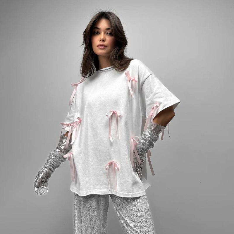 

Повседневная свободная белая женская футболка, модные футболки с круглым вырезом и короткими рукавами, элегантная классическая футболка на шнуровке, женская одежда S белый