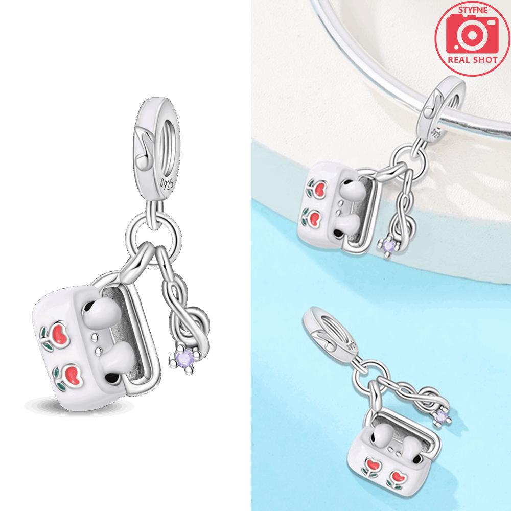 Pink Music Microphone Rose Flower Lucky Apple White Headphones Copper Bead Fit Women Bracelet Diy Valentine'S Gift Jewelry