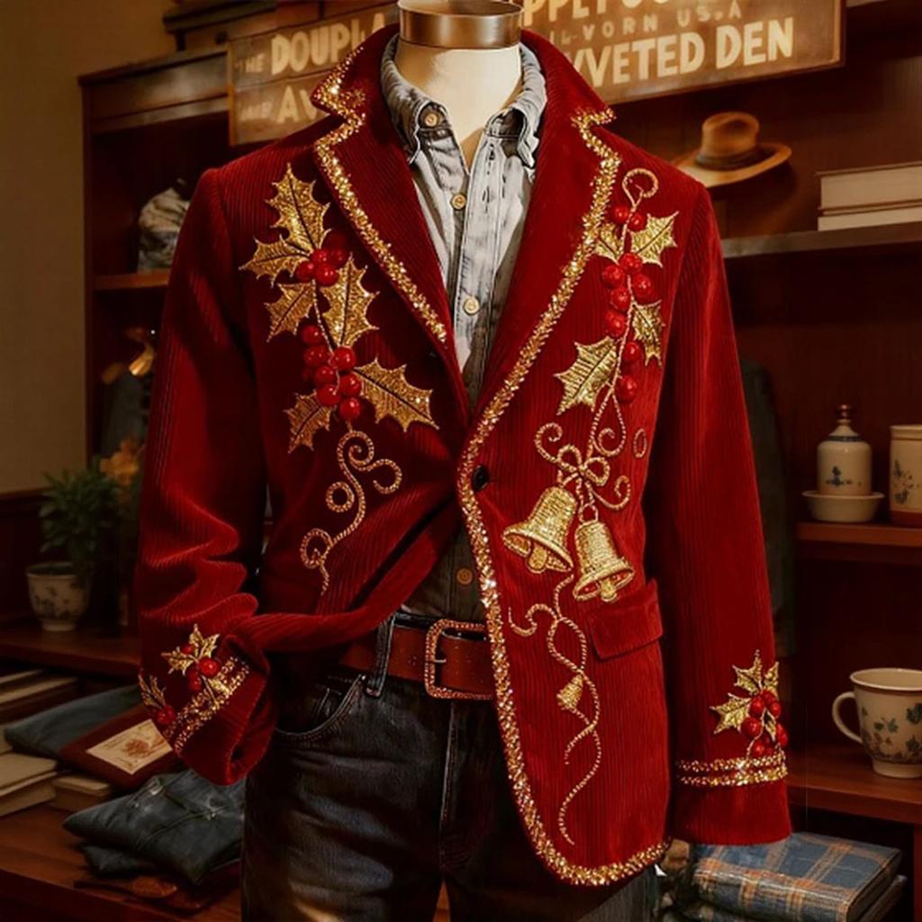 Men's Printed Corduroy Warm Pocket Suit Jacket Cardigan Men's Casual Suit