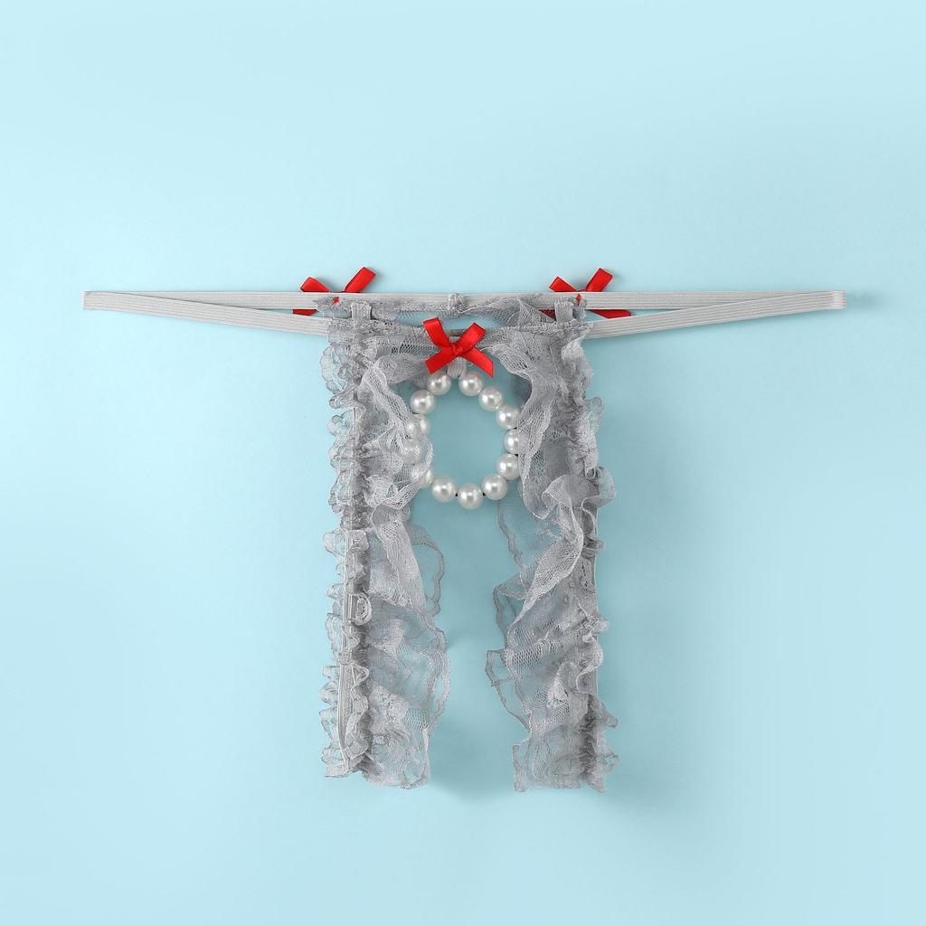 Men's Hot Bow Lace Thong Charm Bead Ring Panties Perspective Hollow Crotch Low Waist Fun Strap