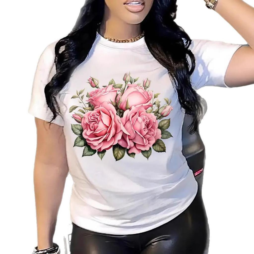 Women's Summer Personalized Rose 3D Printed Short Sleeved Round Neck Summer T-shirt