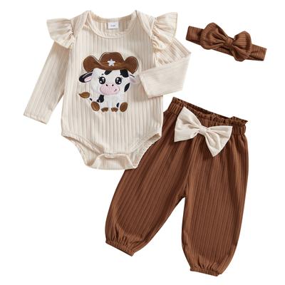 Baby Girls Western Outfit Cow Embroidery Long Sleeves Romper and Cute Bow Pants Headband Set Cute Clothes