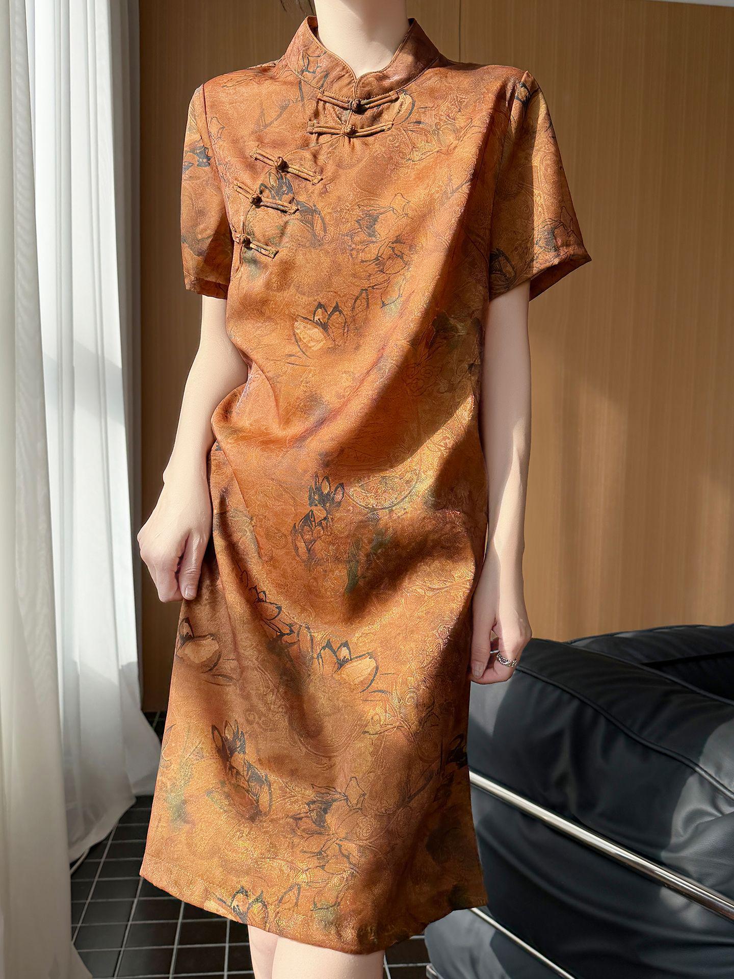 Ретро-платье Ципао Большого Размера с Пуговицами-Лягушками - Имитация Шелкового Сатина, Лето 2026. 2XL