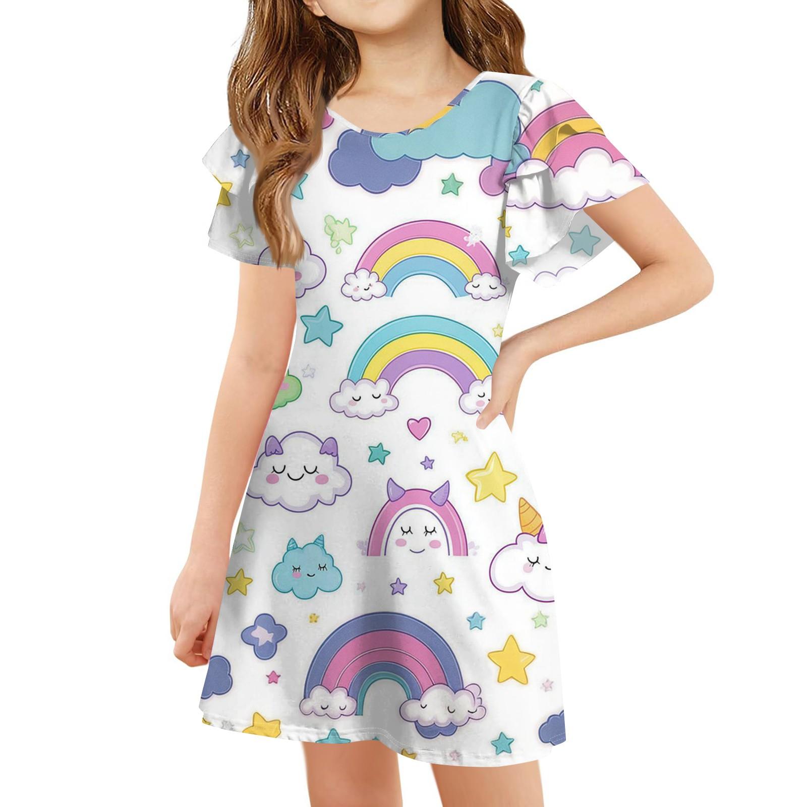 

Детское платье с оборками на рукавах, летнее повседневное платье А-силуэта с круглым вырезом и симпатичным принтом для девочек 140 белый